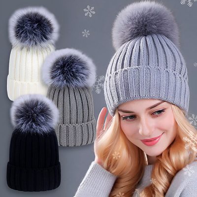 Cappello caldo in maglia con pom-pom | GLACIA